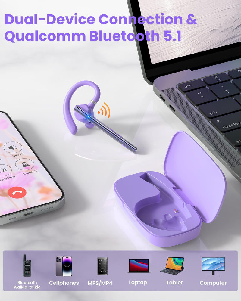 [AUSTRALIA] - New Bee Bluetooth Headset V5.1 72H Talk Dual Mic with Mute Button for Business, Wireless Hand-Free Bluetooth Earpiece with 500mAh Charging Case for Cell Phone Calls Trucker Driver Purple M54 