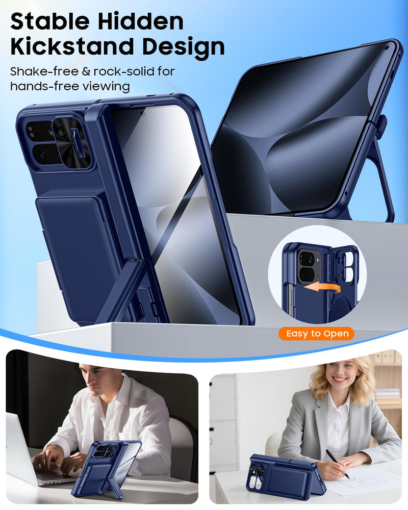 [AUSTRALIA] - CENMASO for Google Pixel 10 Pro Fold Case with Card Holder [RFID Blocking] Camera Cover, Hinge Protection, Dual Hidden Kickstand, Screen Protector, Shockproof Phone Case for Pixel 10 Pro Fold (Blue) Blue-wallet 