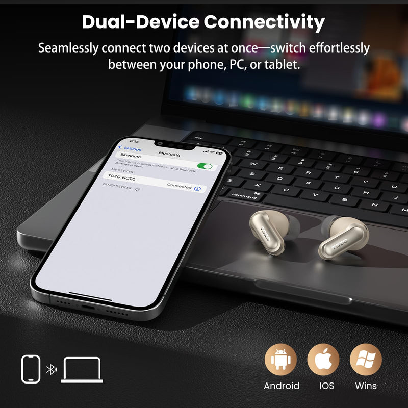 TOZO NC20 Active Noise Cancelling Wireless Earbuds LDAC Hi-Res Bluetooth | 6 Mics AI Call Ear Buds 80H Playtime, Dual Pairing, 32 EQ via App, IPX8 Waterproof, Wireless Charging Case Matte Champagne