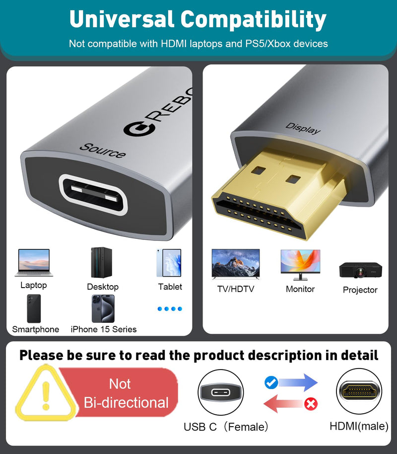 [AUSTRALIA] - Reborn USB C Female to HDMI Male Adapter | 4K Uni-Directional USB Type C Source to HDMI 2.0 Display Converter Thunderbolt 3/4 to HDMI for MacBook Pro/Air, Galaxy S8 to S23, Surface - 1 Pack 