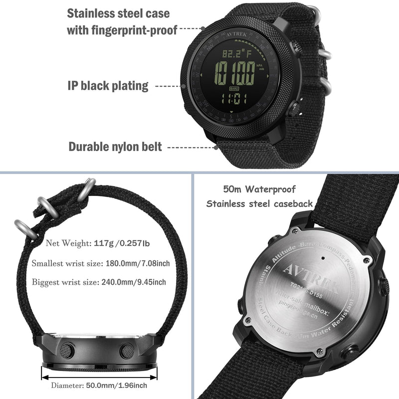 AVTREK Digital Hiking Sport Watch for Men Tactical Military Altimeter Watch | Large Rugged Dial, Compass, Altimeter, Barometer, Pedometer, 50M Waterproof, Solid Nylon Strap, Army, Outdoor, Training Green