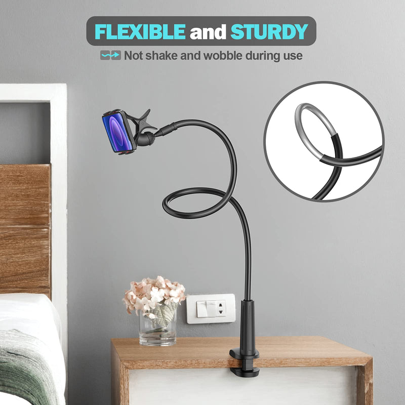 Gooseneck Phone Holder for Bed, Flexible Lazy Arm Cell Phone Holder 360 Adjustable Clamp Bracket Mount Desk for iPhone 14 Pro Max Plus 13 12 Pro Max Mini 11 Pro Xs XR X 8 Samsung S22 S21 Phones Black