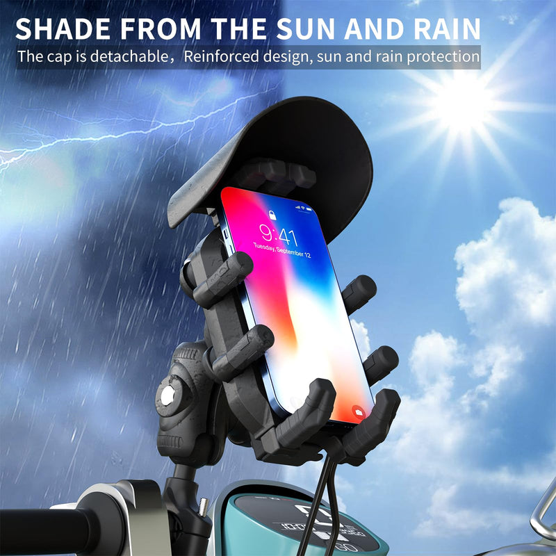 Motorcycle Phone Mount with 15W Wireless Charger & PD/USB-C USB Quick Charger Anti Vibration Theft Motorcycle Phone Holder with Sun Shade for Motorcycles
