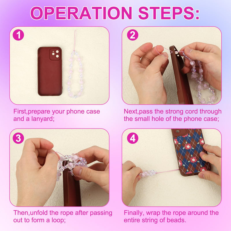 2pcs Beaded Phone Bracelet Strap, Crystal Butterfly Flower Pearl Phone Beaded Wrist Strap Phone Bracelet Lanyard for Women Phone Keychain Charm (White, Purple)