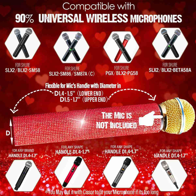 Sparkle Red Microphone Sleeve for Universal Wireless Mic Handheld and SB58 Beta58 Shine on Sing, Weddings, Live Streaming and Christmas Event Party Stage Show