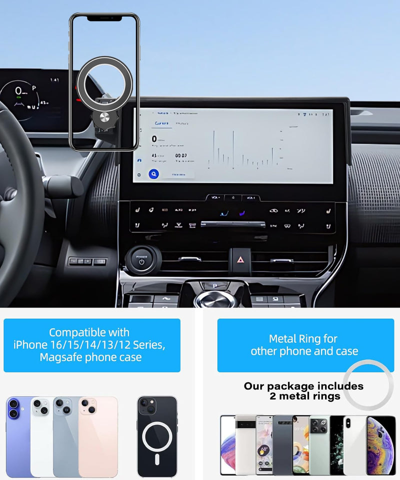 Car Phone Holder for Toyota BZ4X/Subaru Solterra 2023 2024 2025 Accessories | 8/12.3" Screen Clip-On MagSafe Strong Magnetic Cell Phone Mount, 360° Rotatable Hands-Free Holder, Not Block Air Vents