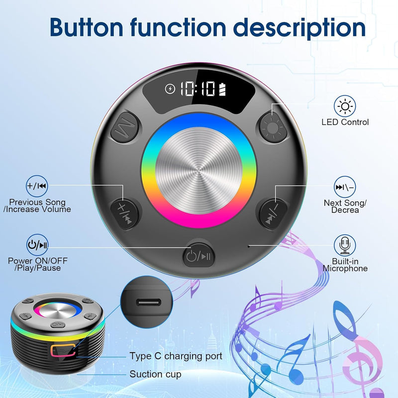 OYIB Bluetooth Shower Speaker, Portable Bluetooth Speaker 360° HD Sound, RGB Lights, IPX7 Waterproof Wireless Speaker with Suction Cup and Mic, Shower Radio for Party/Outdoor/Travel/Gifts/Black Deep Black
