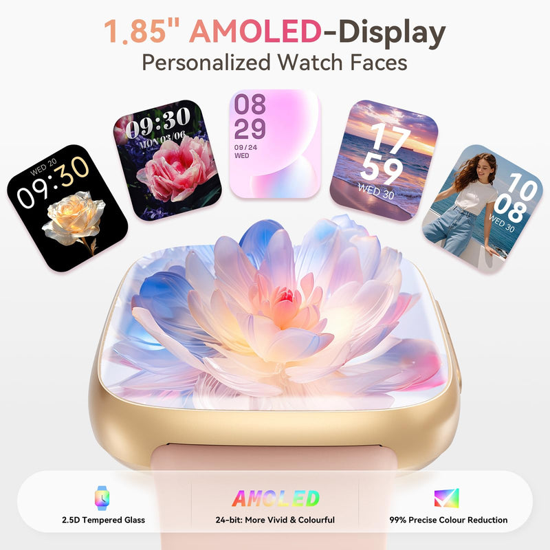 Smart Watch for Women, Answer/Make Call, 1.85" AMOLED Always-On Screen Smartwatch for iPhone & Android, 3ATM Waterproof Fitness Tracker with Heart Rate/Sleep/SpO2 Monitor, 120+ Sport Modes, 2 Bands Pink