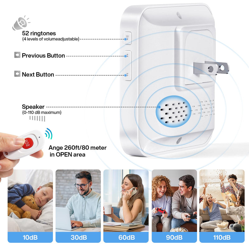 Caregiver Pagers Wireless Call Button for Elderly Patient Personal in Home Life Alert System for Seniors Range 260ft/80Menter,60 Ringtones (3 Call Buttons + 2 Receivers) 3 call buttons + 2 receivers