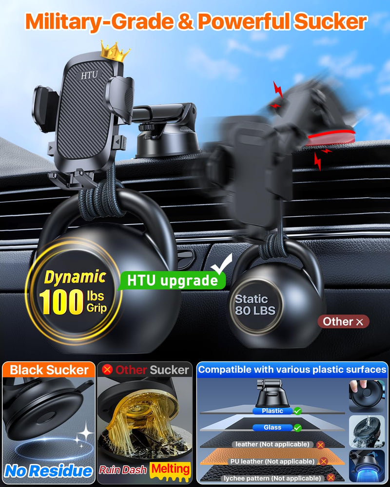 HTU Ultimate Best【Military-Grade & Safety Cert】 Universal Car Phone Holder | Cell Phone Car Mount Truck Car Mount for Dashboard Windshield Air Vent for iPhone 17 16 Pro Max, Samsung, 2pcs, Black
