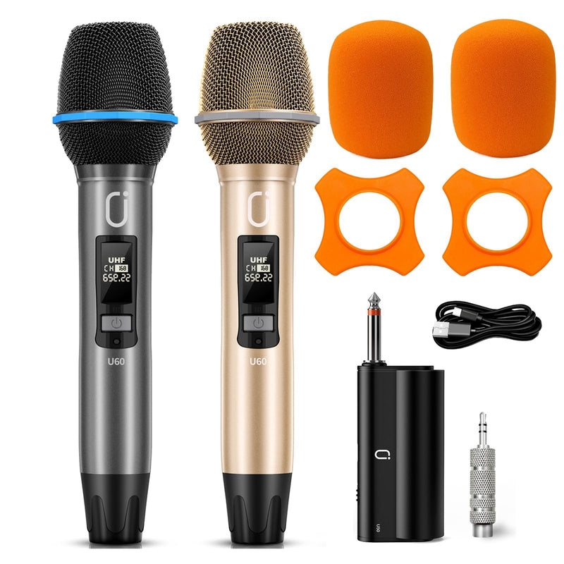 Wireless Microphones for Karaoke: Dual Professional Karaoke Microphone for Singing, Rechargeable Dynamic UHF Mic System with Receiver for Church, Party, Meeting, Speech, PA System, Plug and Play Gold & Gray