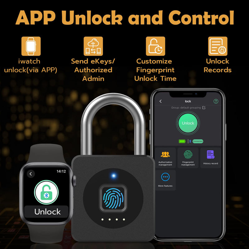 [AUSTRALIA] - Pothunder Fingerprint Padlock, Fingerprint Lock with APP, Padlock with Steel Cable Keyless Biometric, Smart Padlock Waterproof Suitable for Gym, Locker, Helmet, Gate, Fence, Luggage Black with Cable 