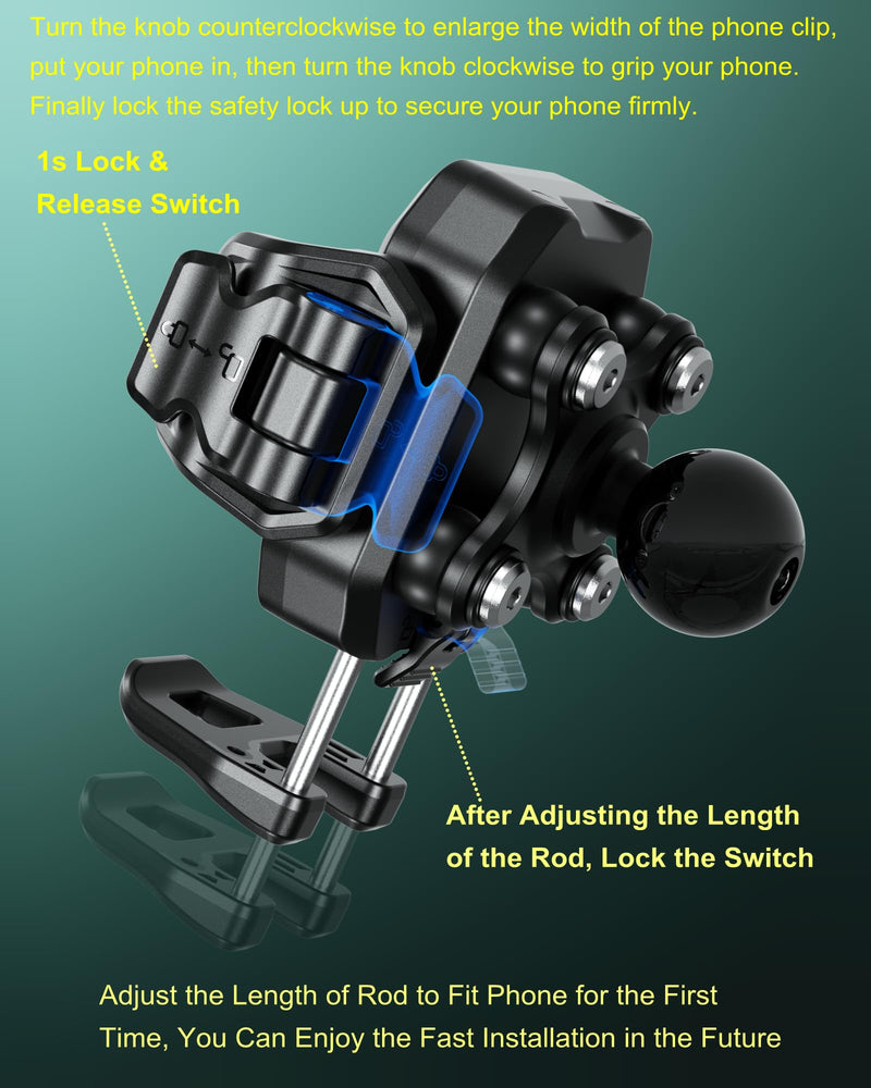 BRCOVAN Anti-Theft Phone Mount Holder with Vibration Dampener, 1s Locking | Don't Block Camera, with Aluminum Round Base & Medium Arm, for Car Boat Truck Motorcycle UTV, Fit 5.4-7.2'' Smartphones