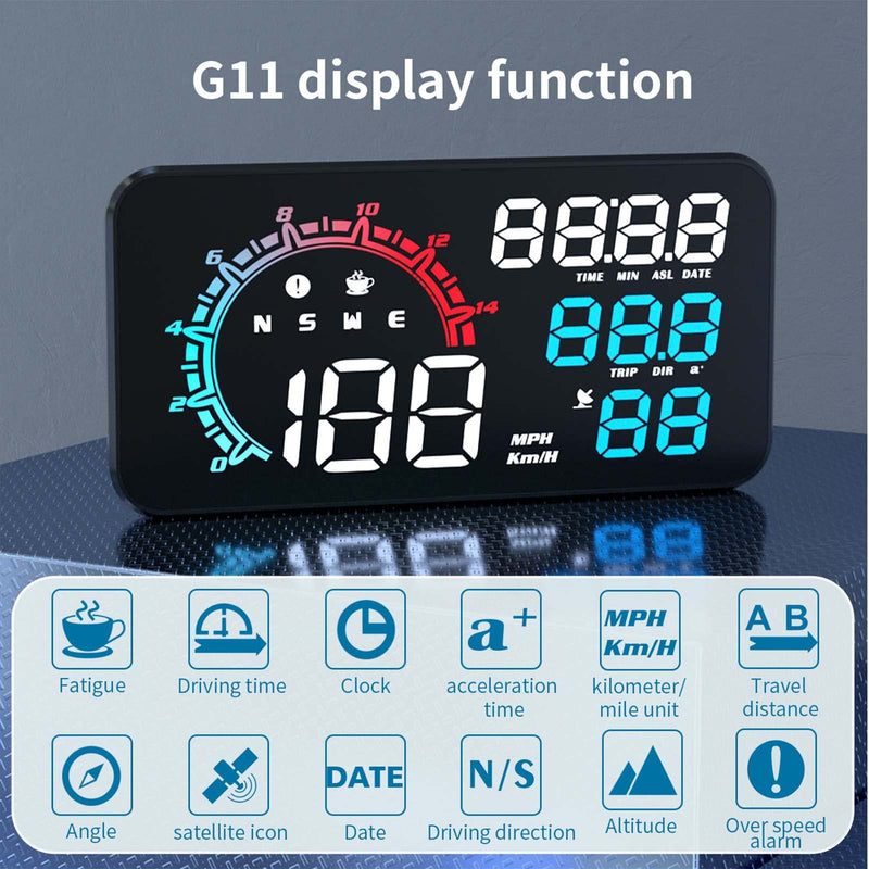 Digital GPS Speedometer ACECAR Universal Car HUD Head Up Display with Speed MPH Compass Direction Fatigue Driving Reminder Driving Distance Altitude Overspeed Alarm HD Display for All Vehicle G11