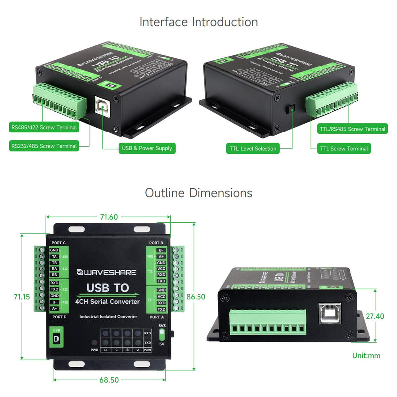 Waveshare Industrial USB to 4-Ch Serial Converter, Original FT4232HL Chip, Supports USB to RS232/485/422/TTL, Multiple Devices Applicable, Multi-OS Compatible