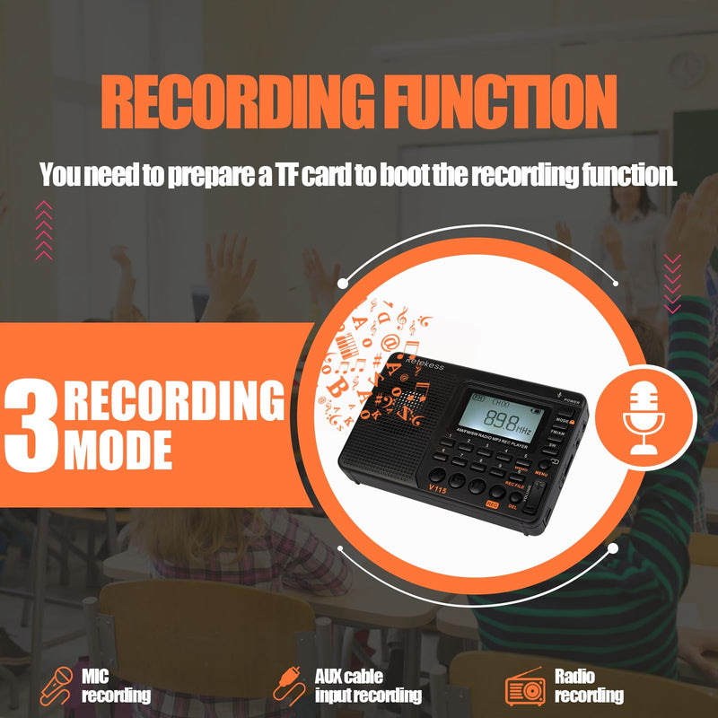 Retekess V115 Shortwave Radio, Digital Radio AM FM, Shortwave Receiver with 1000mAh Rechargeable Battery, Presets, TF/AUX Playback and Recording, Bass Speaker, for Camping AM FM SW