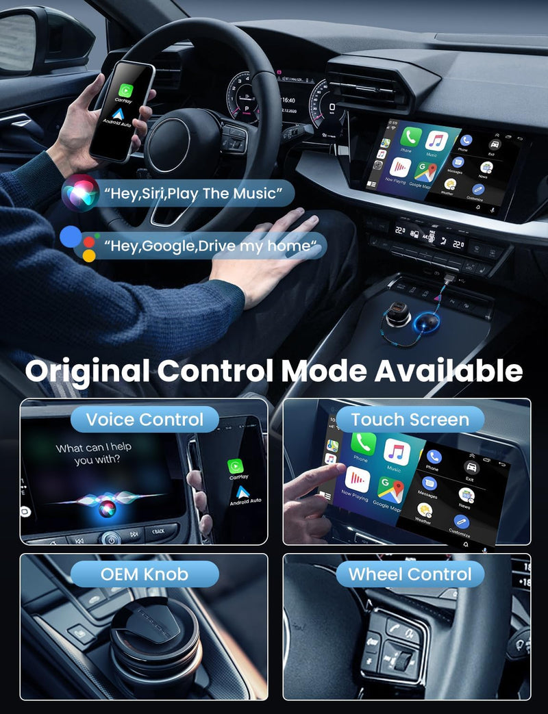 All-in-One Wireless Carplay & Android Auto Adapter with Fast Car Charger - 3 in 1 Cable for Stable Voltage, Enhanced Carplay/Android Auto Data. 48W, Dual USB C & A Ports