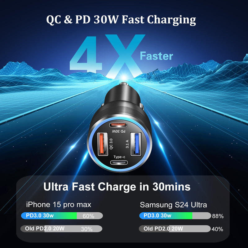 3 Pack 65W Super Fast Type C Car Charger USB C Cigarette Lighter Adapter, 4 Port USB C Car Charger QC+PD 3.0 Fast Charging for Galaxy A17 A16 A15 A14 A13 S26 Ultra S25 S24 Car Phone Charger Plug