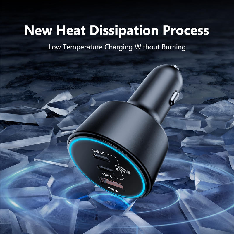 200W Super Fast Car Charger, Adapter with 2×100W USB C to C Cables, | USB C Car Charger PD3.0/QC4.0, 12V-24V Vehicle Compatible, LED Light & Overheat Protection