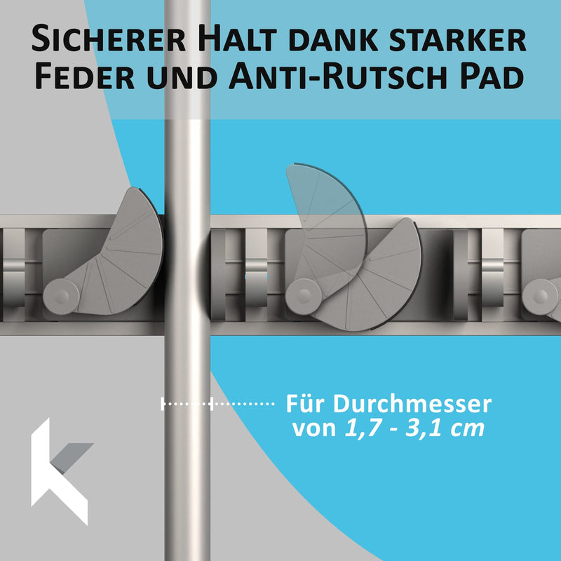 Space-saving tool holder [set of 2] - aluminium profile with 4 individually positionable brackets and 5 hooks [for brooms, garden tools, tools] - ideal in garage, workshop and garden