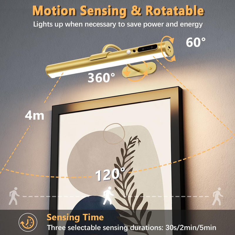 [AUSTRALIA] - Hapfish Motion Sensor Battery Operated Wall Sconce, Wireless Picture Lights for Wall, Rechargeable Magnetic Art Lighting with Remote Control, Battery Picture Light for Poster Dartboard Mirror – Gold Motion Sensor Gold 