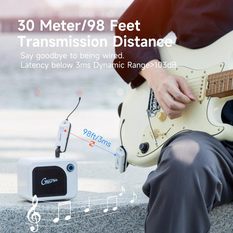 GTRS GWU4 UHF Guitar Wireless System 4 Channels Rechargeable Transmitter and Receiver, Auto Match, Low Latency, 100 Feet Range, Stable Connectionfor Electric Guitars Bass and More (White) White