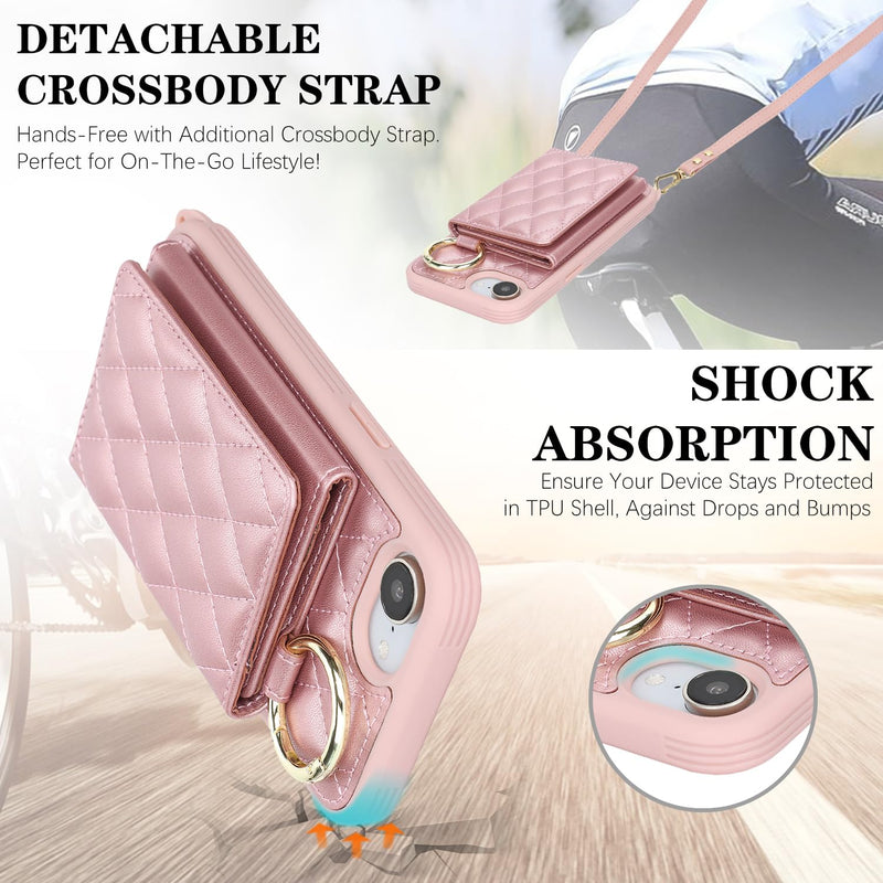 for iPhone 17e / 16e Case with Card Holder and Strap for Women,Crossbody Lanyard, Make Up Mirror,Ring Stand,Snap Clasp,Cute Phone Wallet Cases 6.1 inch - Dark Rose Gold (Pack of 2) for iPhone 17e / 16e 6.1 (Pack of 2)