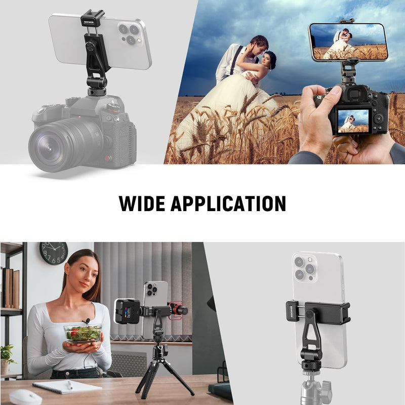 [AUSTRALIA] - Neewer Metal Phone Tripod Mount with Cold Shoes, 1/4" Thread, 180° Tilt, 360° Rotation, Adjustable Phone Clamp Metal Phone Holder Compatible with iPhone 16 15 Pro Max S24 Ultra Camera Cage, GA010 