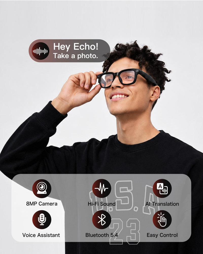 AI Smart Glasses with Camera, 4K POV Recording, Transparent Lens | 8MP photos, AI real-time translation, Object recognition, Bluetooth 5.4 open-ear audio for travel, work, and daily use
