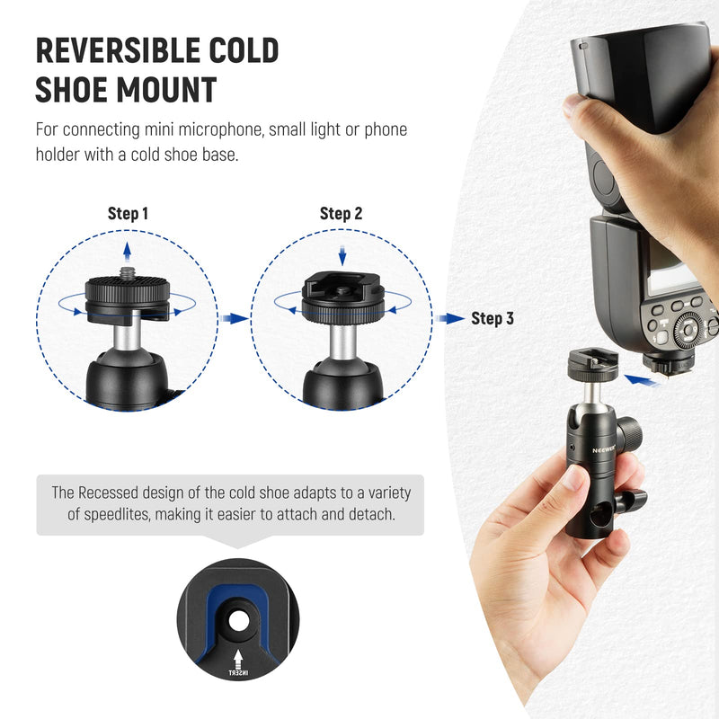 NEEWER Light Stand Mount Adapter with Cold Shoe and 1/4” Screw Mini Ball Head, Reversible Mounting Plate for Camera Monitor Ring Light, Fits Flat Head Light Stand/Boom arm/C Stand, Max. Load 22lb/10kg ST-GM06