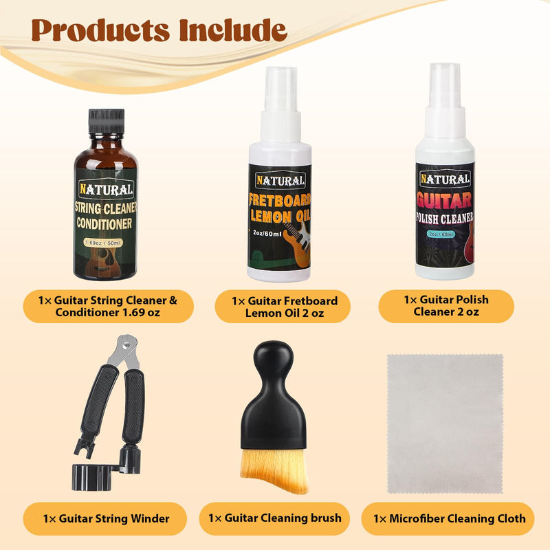 [AUSTRALIA] - 6Pcs Guitar Cleaning Kit - Includes Guitar Polish, Fretboard Oil, String Cleaner, String Winder, Brush, Cleaning Cloth, Guitar Maintenance Kit, for Violin, Piano, Bass, Guitar Players 6 