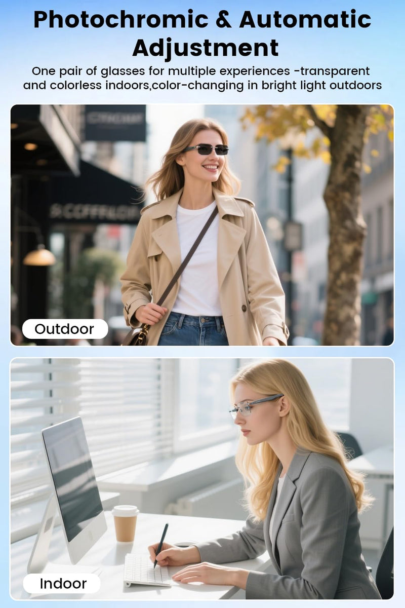 Lightweight Rimless Smart Glasses with Self-Tinting Lenses - Bluetooth Open-Ear Audio, No Camera for Privacy, All-Day Comfort
