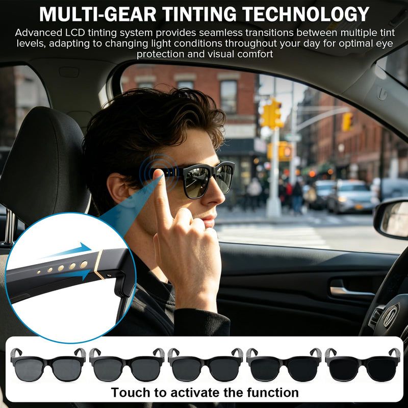 Smart Bluetooth Sunglasses, Manual Electrochromic Tint, Open-Ear Audio | Manual Multi-level Tint Control, Open-ear Stereo Sound, Bluetooth 5.4, Driving/Travel/Fishing, Unisex Gift