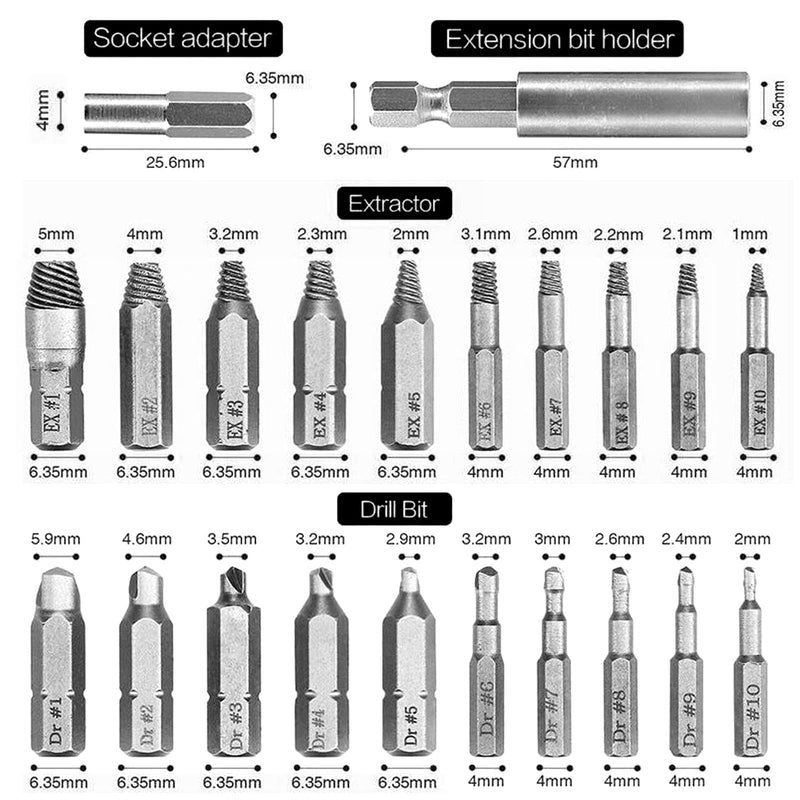 [AUSTRALIA] - Xiciki Screw Extractor Set for Damaged Screws 2-12 mm Left Extractor Set with Drills, Extractors, Bit Extension Set of 22 