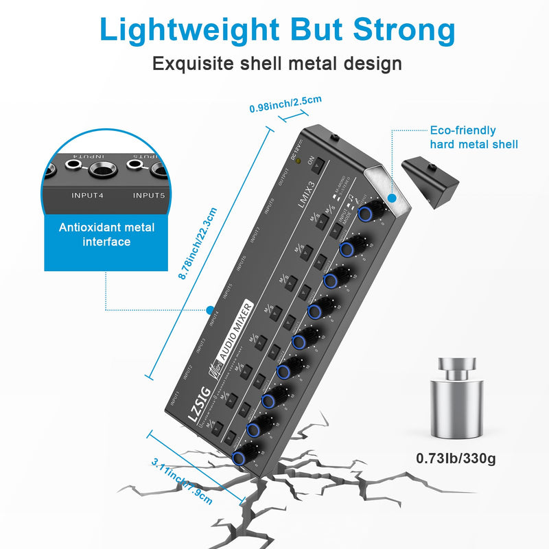 LZSIG Audio Mixer, Stereo Line Mixer for Sub-Mixing, Ultra Low-Noise, 8-Channel, Dynamic Microphone Independent Control, 1/4" & 1/8" TRS Output and Input, for Guitars,Bass,Keyboards Large(8-channel)
