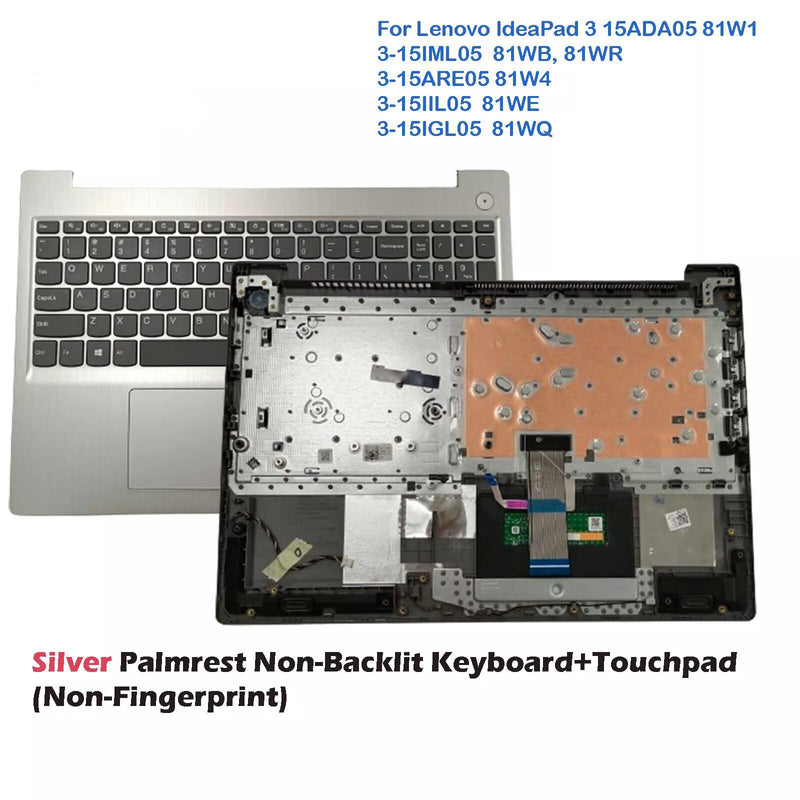 New Replacement for Lenovo IdeaPad 3-15 3-15IIL05 3-15ADA05 3-15IML05 Laptop Upper Case Palmrest Non-Backlit Keyboard Touchpad Assembly Part 5CB1D03689 5CB0X57656 Silver