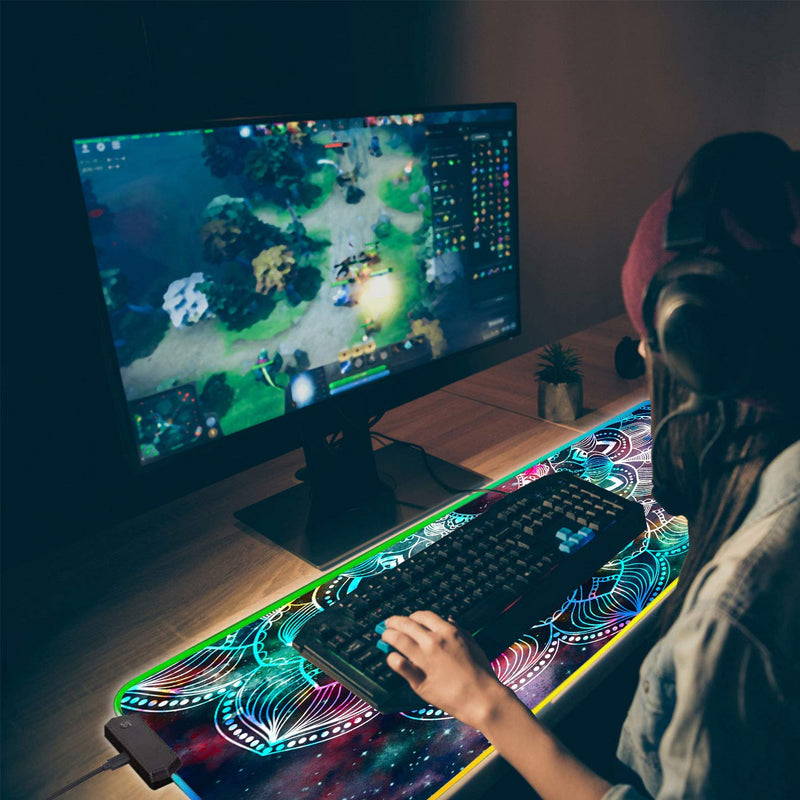RGB Gaming Mouse Pad and Coasters Set,Mandala in Galaxy Extended Soft Led Mouse Pad with 10 Lighting Modes, Anti-Slip Rubber Base,Computer Keyboard Mouse Mat 800 x 300mm / 31.5×11.8 inches Mandala in Galaxy