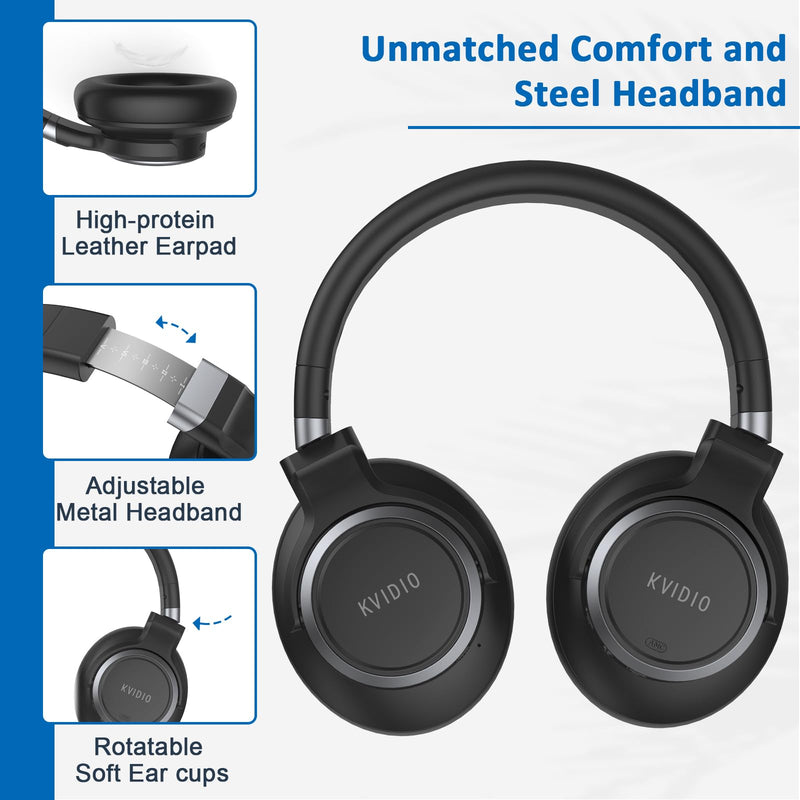 KVIDIO Active Noise Cancelling Headphones, 65 Hours Playtime Bluetooth Headphones with Microphone, Transparency Mode, Deep Bass and Hi-Fi Stereo Sound (Black) Black