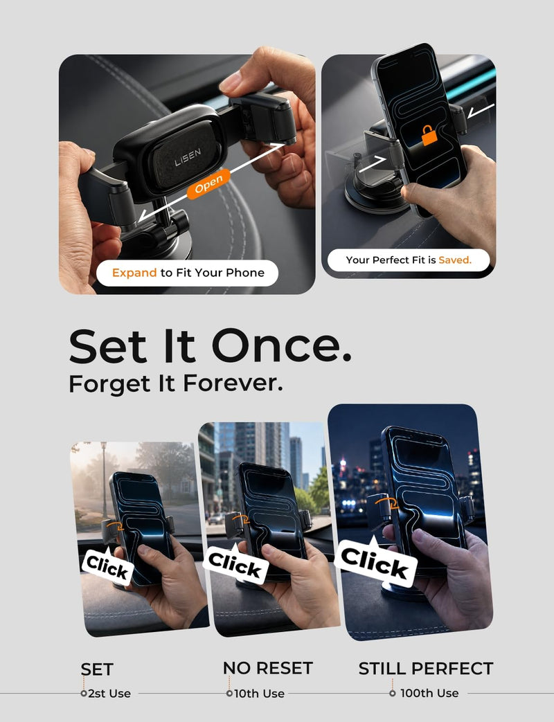 LISEN Suction Phone Mount for Car, [Ultra Suction & 95% Cases Friendly] Car Phone Holder Mount Vacuum Dashboard Phone Holder, Car Cell Phone Holder for iPhone 17 16 15 14 Pro Max Air Galaxy S26 S25 Black