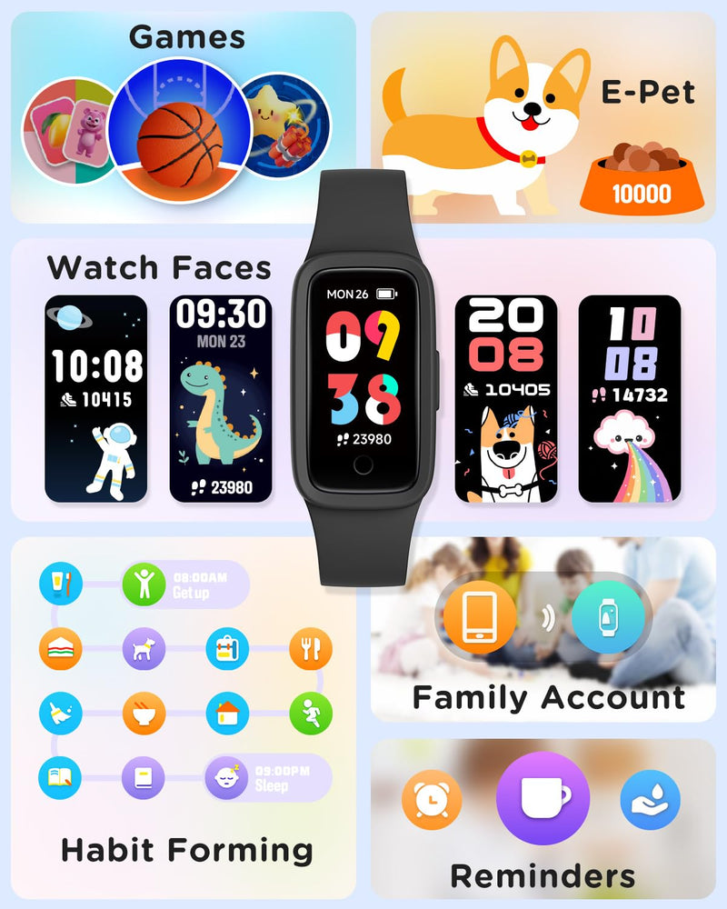 Vigor 3 Kids Fitness Tracker Watch, AMOLED Screen for Boys Ages 5-15 | No Phone No App Required, 3ATM Waterproof, Pedometer, Heart Rate and Sleep Monitor, Vibrating Alarm, 10 Sport Modes, Reminder Black