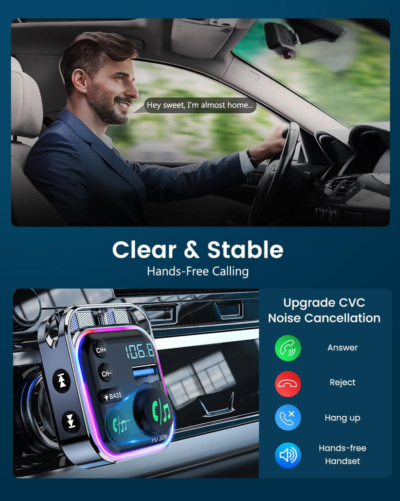[AUSTRALIA] - LENCENT Bluetooth 5.3 FM Transmitter Car Adapter 48W (PD30W & QC18W) Fast Charger, Light Switch, HiFi Bass Sound Audio Receiver Wireless Radio MP3 Music Player, Hands-Free Calling, Support USB Drive 