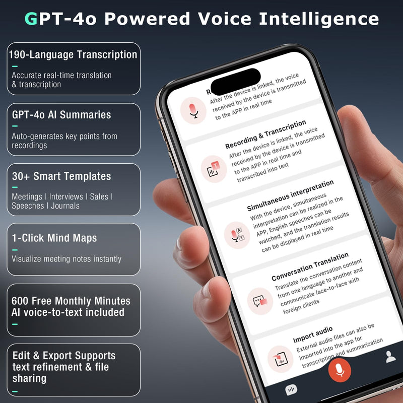 AI Voice Recorder, Audio Activated Recorder with Playback, App Control, Transcribe & Summarize with AI Technology, 190 Languages, 64GB Memory, Suitable for Lectures, Learning, Meetings, Calls Black