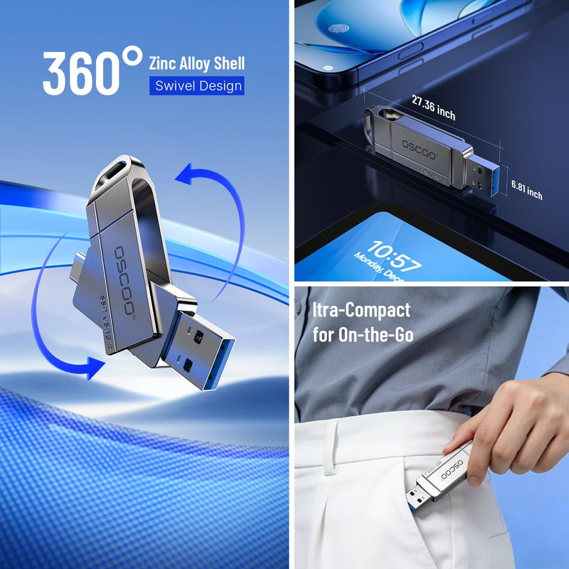 256GB USB SSD Drive, Up to 550MB/s Dual USB-A & C Thumb Drive | Compatible with Android, PC, Mac, iPhone 15/15/16, Backup, Dual-port, Zinc Alloy Housing, Swivel Design 256.0 GB 5Gbps