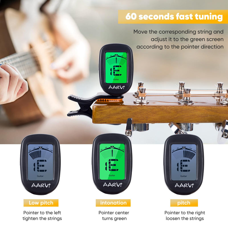 [AUSTRALIA] - Clip On Guitar Tuner 5 Pack for All Instruments, Acoustic/Electric Guitar, Ukulele, Bass, Violin, Banjo, Large Clear LCD Display for Guitar Tuner, Chromatic Tuner, 20 Pack Guitar Picks Included A-tuner Black-5-Pack 
