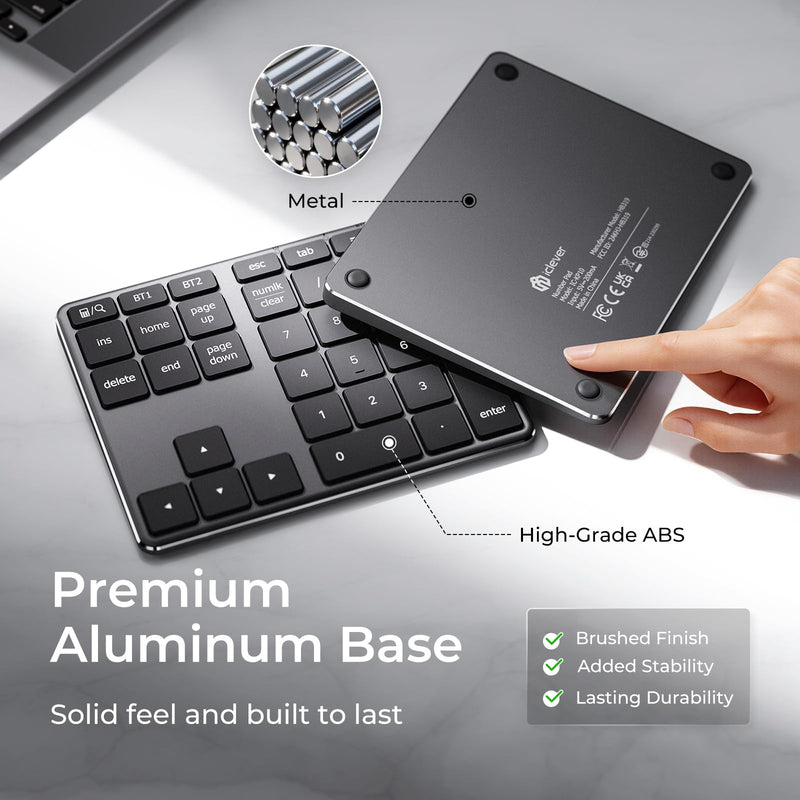 iClever Bluetooth Number Pad for Laptop, Aluminum Wireless Numeric Keypad | 2-Device Switching, Quiet Typing, USB-C Charging, 34-Key Portable Numpad for MacBook, iMac, Laptop, PC, Surface, Data Entry Grey & Black