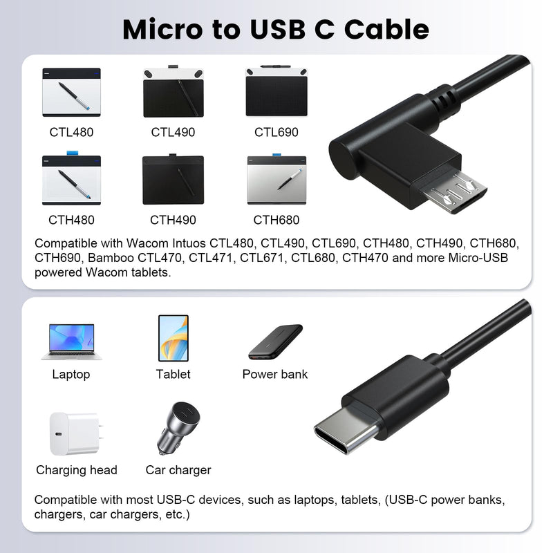 Micro USB to USB-C Replacement Data Sync & Fast Charging Cord Compatible with Wacom Intuos CTL480 CTL490 CTL690 CTH480 CTH680 CTH690, Bamboo CTL470 CTL471 CTL671 CTL680 CTH470 Drawing Tablet 6FT Black