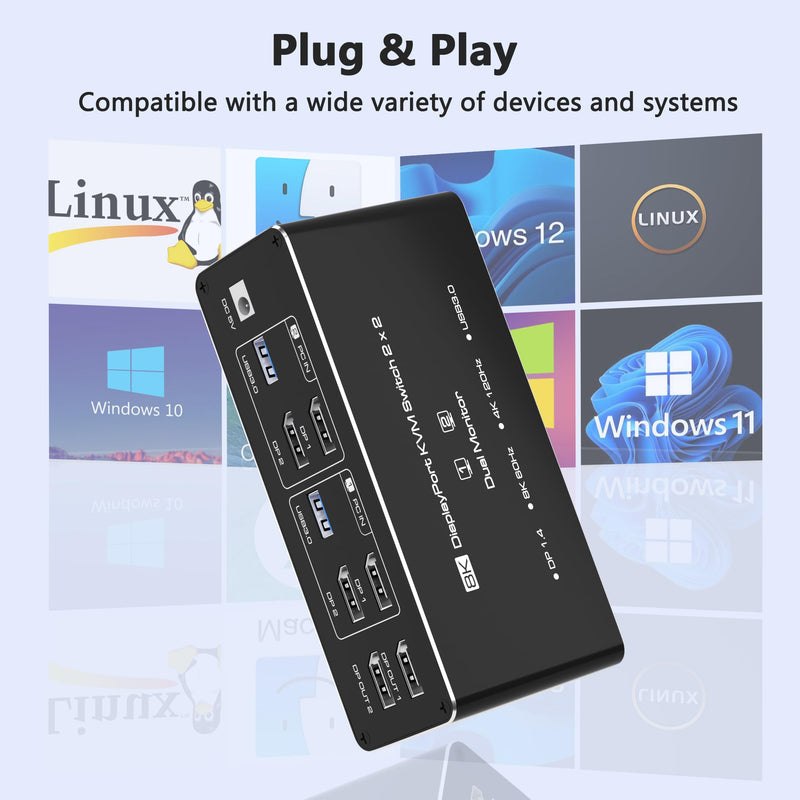 KVM Switch 2 Monitors 2 Computers DisplayPort 8K @60Hz, USB 3.0 KVM Switches for 2 Computers Share Dual Monitor and 4 USB Devices, DisplayPort KVM with Wired Controller Support Extend/Copy Mode