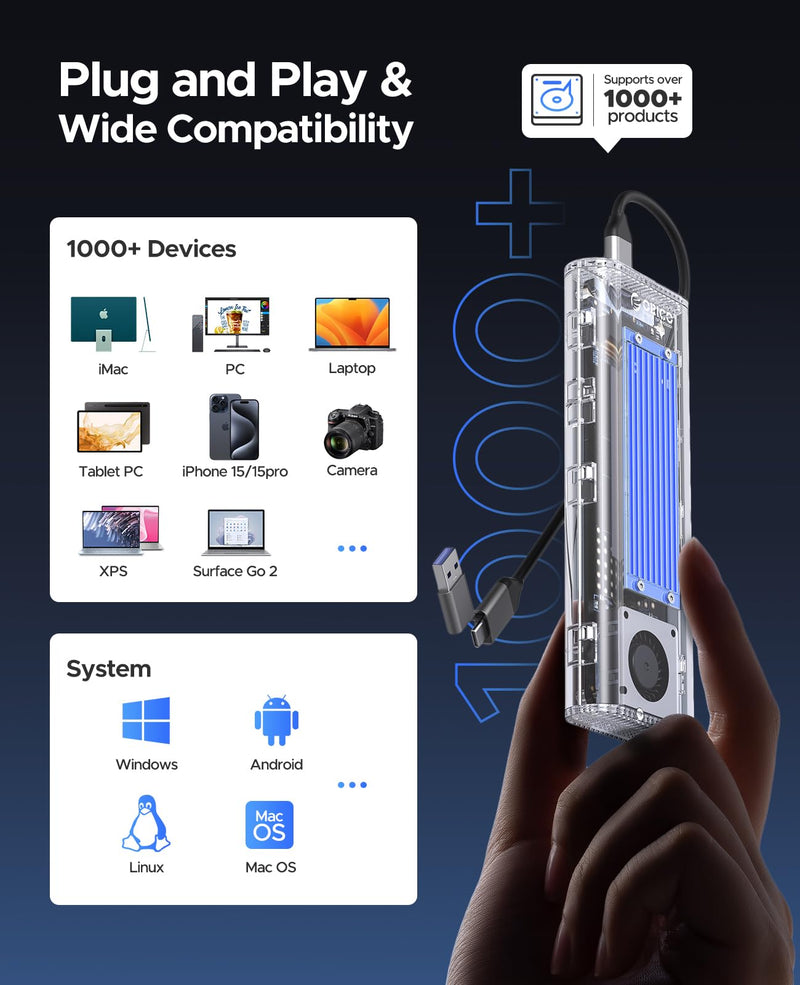 ORICO 40Gbps M.2 NVMe SSD Enclosure with Built-in Cooling Fan, Tool-Free, Support 2230 2242 2260 2280(M Key), Compatible with Thunderbolt 4/3 USB4/3.2-TCM2U4-BLUE