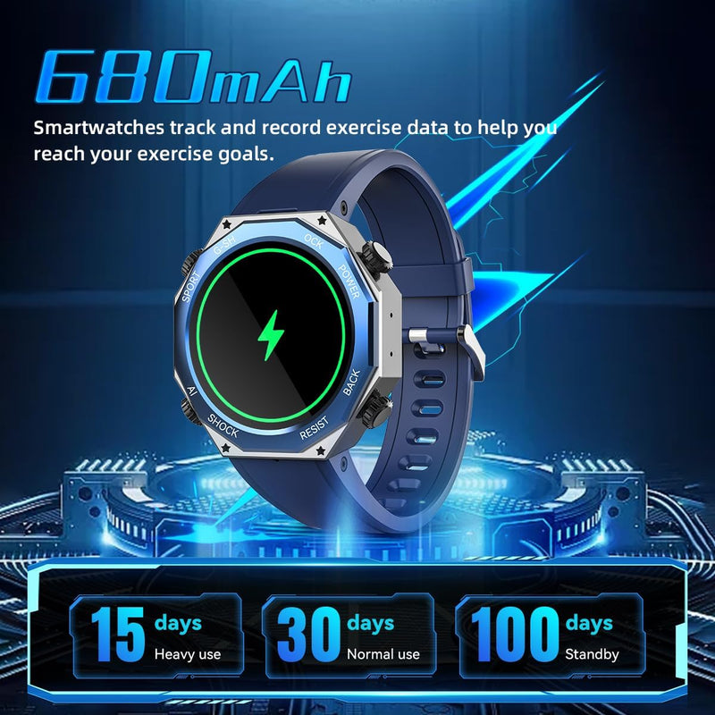 Rogbid Military Smart Watch for Men (Answer/Make Call) 1.45" AMOLED 680mAH IP69 Waterproof Smartwatch for iOS Android Phones Fitness Tracker Watch Heart Rate Blood Pressure Sleep Monitoring Blue