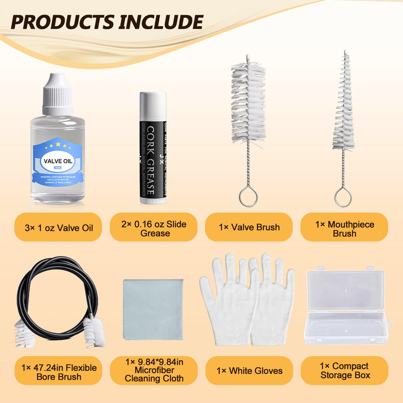 [AUSTRALIA] - Trumpet Cleaning Kit - 3 Trumpet Lubricating Valve Oil, 2 Slide Grease,Valve, Mouthpiece, Flexible Bore Brush and Cleaning Cloth, Brass Instrument Cleaning and Care Set for Trumpet Maintenance 10Pcs 